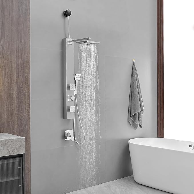 BWE Shower Panel with Rainfall Shower Head 3-Function Faucet Stainless Steel Wall Mount Retrofit Shower System with 2 Body Massage Jets and Handheld Shower,Brushed Nickel