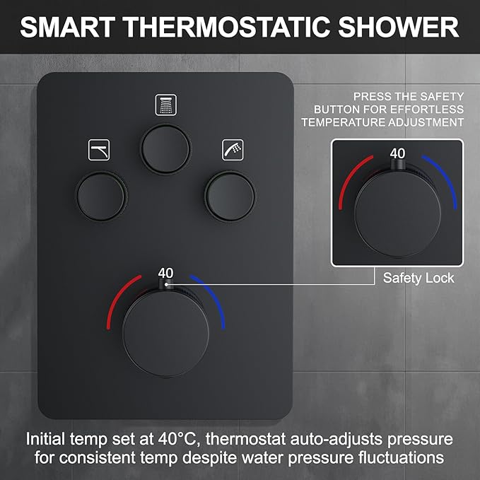KOJOX Matte Black Thermostatic Shower System, Push Button Diverter Shower Faucet Set with 12" Ceiling Mount Rain Shower, 6" Wall Mount Shower Head, and 4-in-1 Handheld Spray