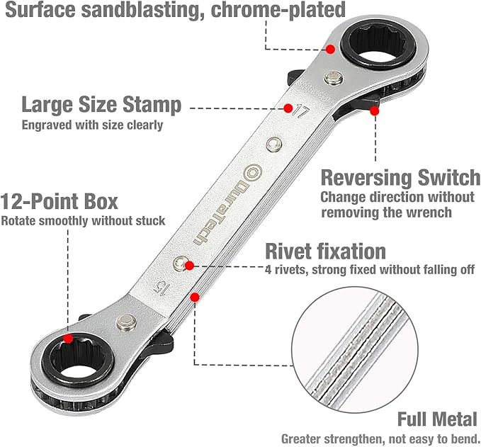 DURATECH 5 Pc Double Offset Box End Reversible Ratcheting Wrench Set Metric, Heavy-duty, Matte Chrome Plated, Ratchet Spanner Crooked for Narrow Spaces (6x8 mm, 10x12 mm, 13x14 mm, 15x17 mm, 19x21 mm)