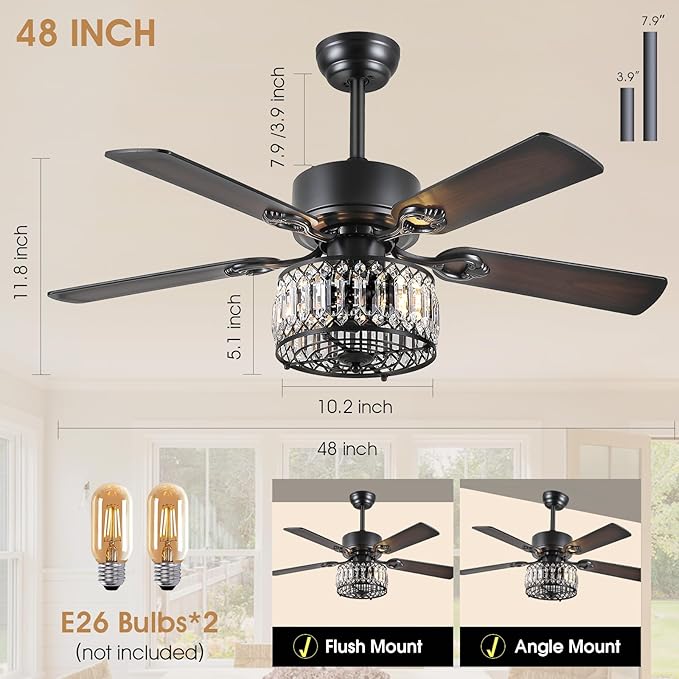 Chandelier Ceiling Fans with Lights, Crystal Ceiling Fan with Remote, 48 Inch Farmhouse Fandelier Ceiling Fan for Living Room Dining Room Bedroom, Dual Finish Wooden Blades, Black