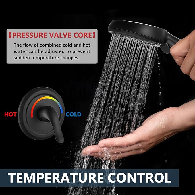 Aolemi Shower Faucet Set Rain Shower Head System Shower Trim Kit Pressure Rough-in Valve Included ABS 8 Setting Single Handheld Spray Matte Black
