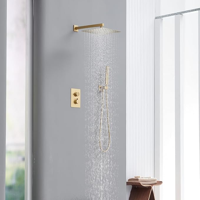 Iriber Thermostatic Shower System Wall Mount with 12 Inch Rainfall Shower Head and Handheld Bathroom Champagne Bronze Shower Set Contain Shower Faucet Mixer Trim Kit (Valve Included),Brushed Gold
