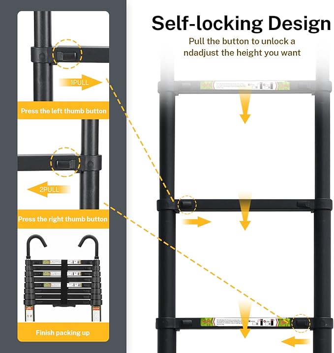 Telescopic Ladder, 8.5FT RIKADE Aluminum Telescoping Ladder with Non-Slip Feet and Stable Hook, Portable Extension Ladder for Household and Outdoor Working, 330lb Capacity Black