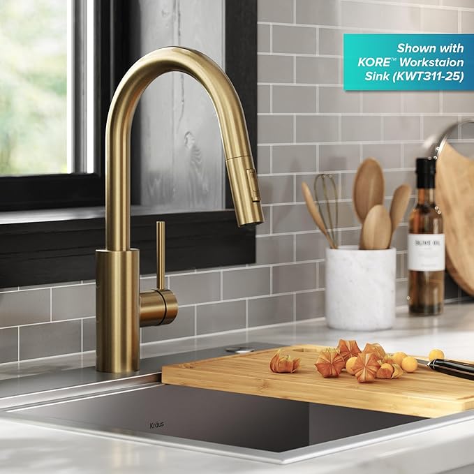 KRAUS Oletto Single Handle Pull Down Kitchen Faucet with QuickDock Top Mount Installation Assembly in Spot Free Antique Champagne Bronze, KPF-2620SFACB