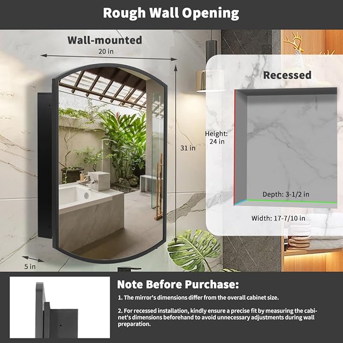 Movo 20 Inch x 31 Inch Black Beveled Arched Aluminum Medicine Cabinet with Mirror, Bathroom Mirror with Storage, Surface Mount or Recess Installation
