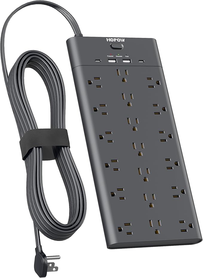 Surge Protector Power Strip with 19 Outlets and 4 USB Ports, HOPOW 10 Ft Flat Plug Heavy Duty Extension Cord, 1875W, 2100J Surge Protection, Wall Mount for Home, Office, Gaming Room, Dorm, Black