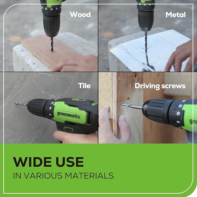 Greenworks 24V Brushless Cordless Drill Kit, 310 in./lbs, 18+1 Position Clutch, 1/2 '' Keyless Chuck, Variable Speed, Battery With 2A Charger, LED Light