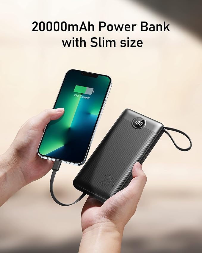 VEEKTOMX Power Bank with Built in Cables 20000mAh, Portable Charger for iPhone, USB C LED Display External Battery iPhone Charger Compatible with iPhone, iPad, Samsung and Android Devices for Travel