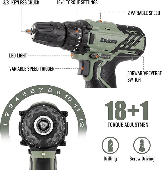 KREBS 12V Cordless Drill Set with 1.5Ah Battery & Fast Charger, 3/8-Inch Keyless Chuck 245 In-lbs 2 Variable Speed 18+1 Torque Setting with LED Electric Drill