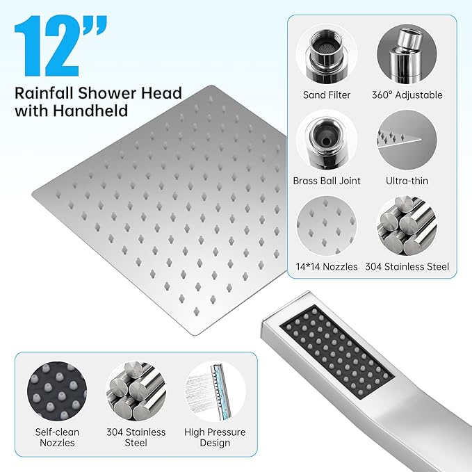 Rainfall Bathroom Shower System, 12-Inch Rain Shower Head and Handle Set, Wall Mounted Dual Shower Combo, All Metal Decorative Shower Luxury Kit Chrome (with Shower Valve)