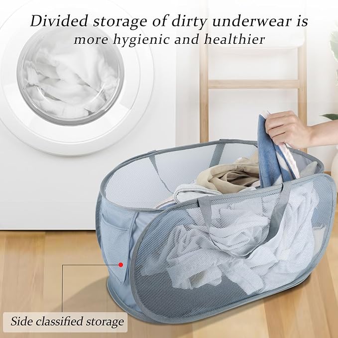 Extra Large Mesh Pop Up Laundry Hamper 2 Pack, 100L Foldable Laundry Baskets, Dirty Clothes Hamper with Pocket, Collapsible Hampers for Travel, Nursery, Dorm or Home. Grey 2H