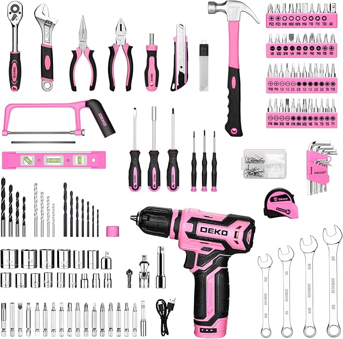 Pink Tool Kit Box Drill Set:DEKOPRO Home Mechanic Toolbox with 12V Power Cordless Drill Hand Repair Tools Sets Combo Kits Storage Organizer Drawer Case for Men & Women