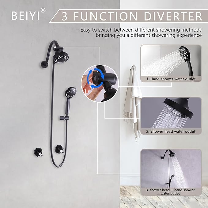 2 Handle Shower Faucet Set, Matte Black 5 Mode Shower Faucet Sets Complete Two Handle Shower Head and Handle Set Bathroom Shower Trim Kit with Rough-in Valve