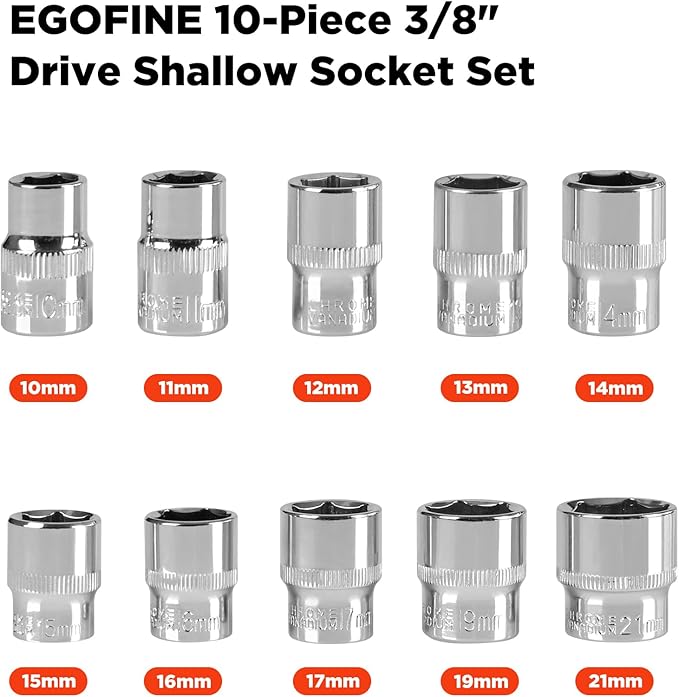 Egofine 10PCS 3/8” Drive Standard Socket Set,Shallow,Metric(10-21mm,6 Point Socket Set With Hanging Bracket,Cr-V Steel