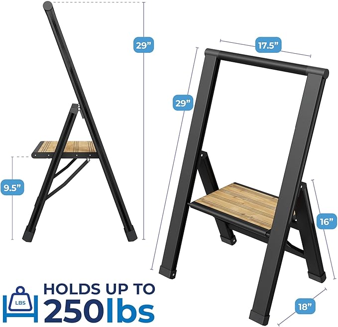 Step Ladder 1 Step Folding, Decorative - Beautiful Bamboo & Black Aluminum, Ultra Slim Profile, Anti Slip Steps, Sturdy-Portable for Home, Office, Kitchen, Photography Use,by SORFEY