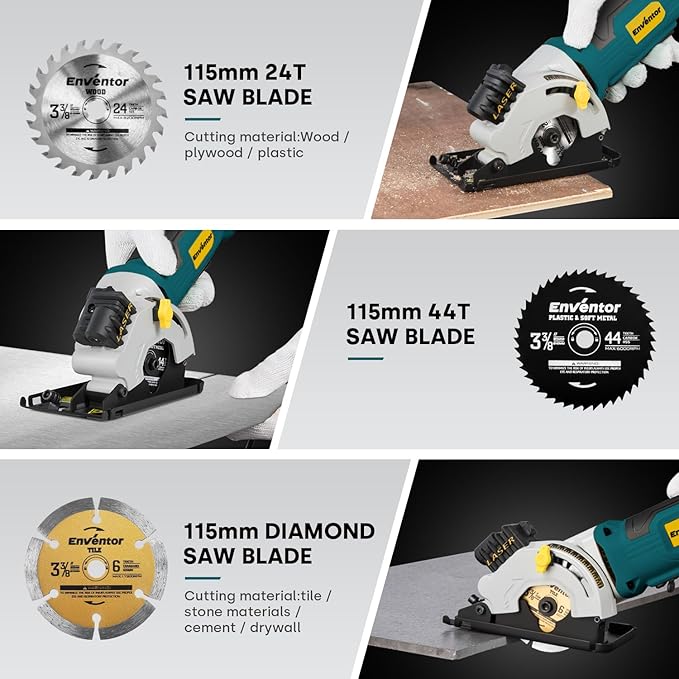Enventor Mini Circular Saw, 4.8A Electric Circular Saws Corded with Laser Guide, 4000RPM, 3 Saw Blades 3-3/8" Max Cutting Depth 1-1/16", Compact, Power for Wood, Soft Metal, Tile, Plastic