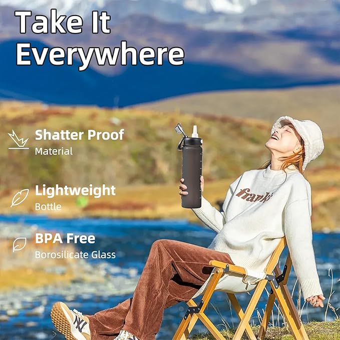 SIEROZUR 32 oz Glass Water Bottle with Straw and Handle Large Sports Motivational Water Bottle with Locking Lid and Time Marker Leakproof Water Jug for Daily Hydration Intake BPA Free