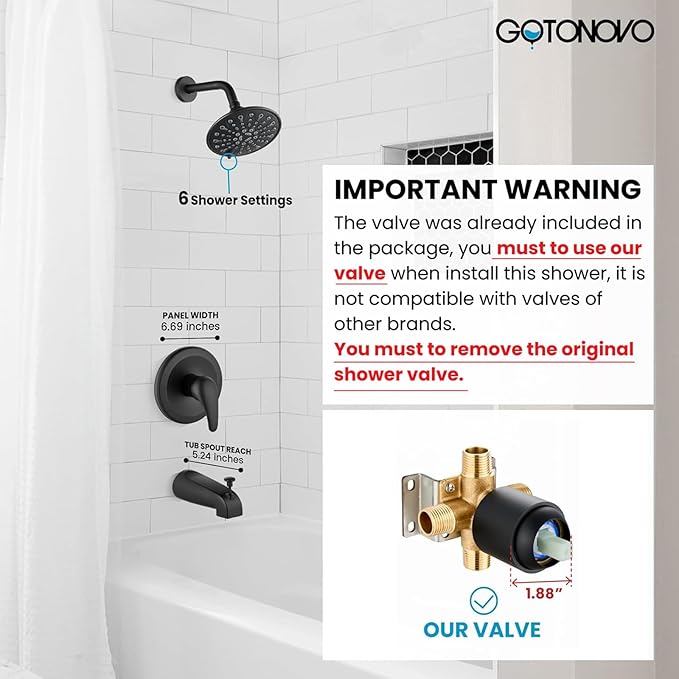 gotonovo Tub Shower Faucet Set Shower Head and Handle Set 6 Modes 6 inch Bathroom Trim Kit with Tub Spout High Pressure Shower System Combo with Valve Round Showerhead Matte Black