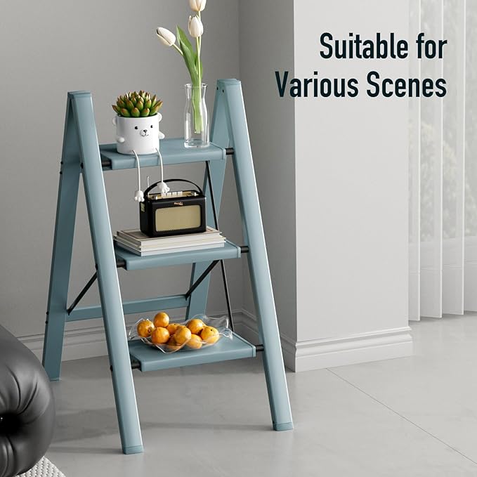 3 Step Ladder,Aluminum Folding Step Stool for Adults,Step Ladder with Wide Anti-Slip Pedal,330 lbs Capacity for Home,Office,Kitchen,Library(Blue)