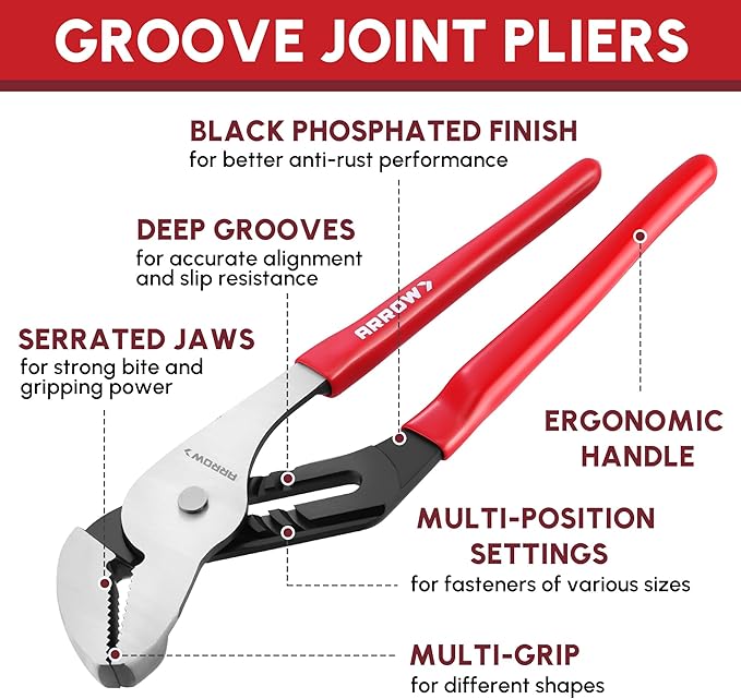 ARROW 2-Piece Groove Joint Pliers Set, Adjustable Water Pump Pliers Set (8" & 12") with 5 & 7 Jaw Positions, Serrated Jaws and Comfort Dip-grip Handle, for Plumbing Repair and Home Maintenance