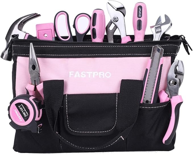 FASTPRO 232-Piece 20V Pink Cordless Lithium-ion Drill Driver and Home Tool Set, Lady's Repairing Kit with 12-Inch Wide Mouth Open Storage Bag
