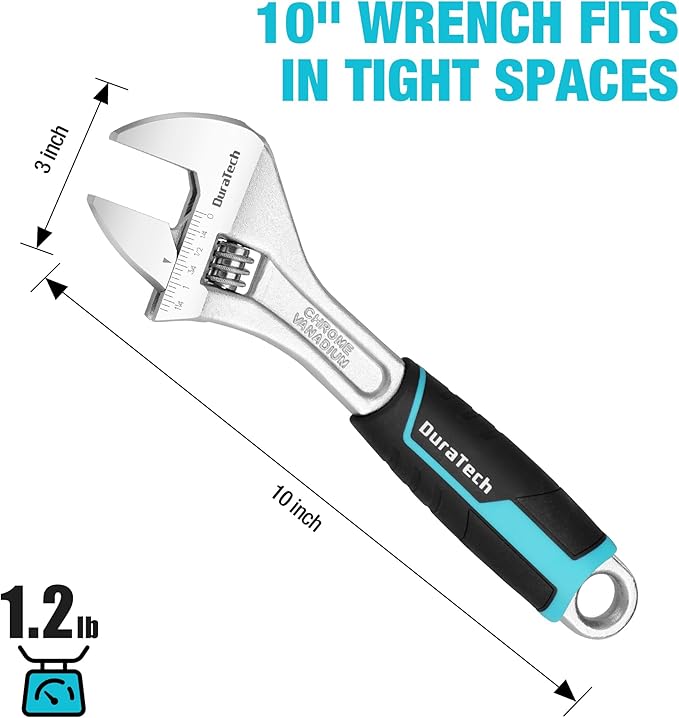 DURATECH 10-Inch Adjustable Wrench, Cr-V Steel Wrench, Wide Jaw Wrench, Metric & SAE Scales, for Home, Garage, Workshop and DIY