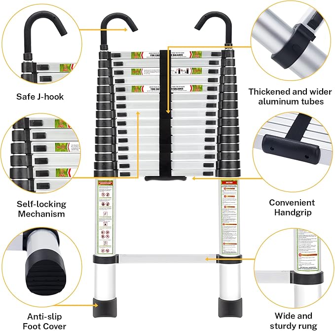 Telescopic Ladder, 20.34FT Aluminum Telescoping Ladder with Stable Hook and Non-Slip Feet, RIKADE Portable Extension Ladder for Household and Outdoor Working, 330lb Capacity