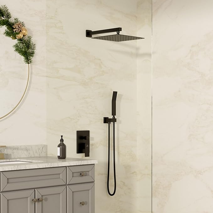 CASAINC Rainfall Shower Head Combo Set 10 Inches Bathroom Luxury Rain Shower Head with Handheld Spray Wall Mounted Shower Faucet Set with Valve and Trim (Matte Black)