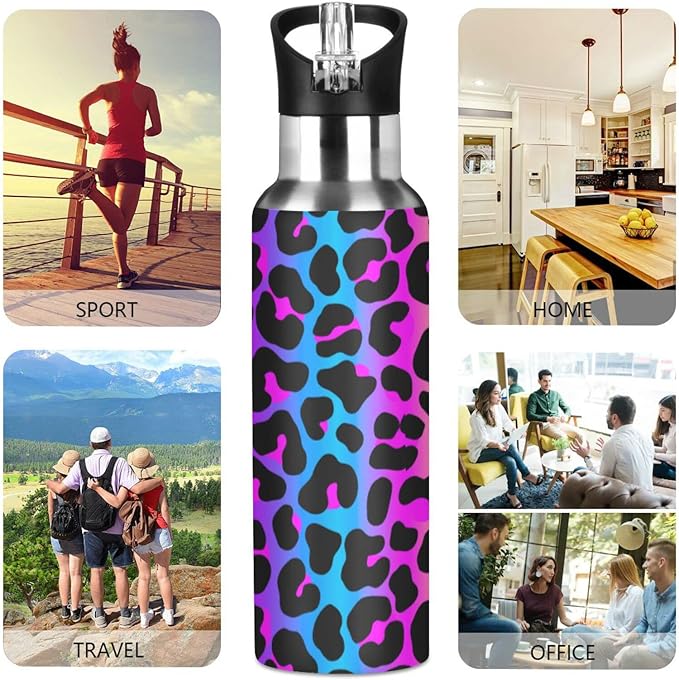 senya 20 Oz Water Bottle with Straw Leopard Print Cheetah Neon Gradient Stainless Steel Water Bottle for Traveling Sports Leakproof Insulated Water Bottle
