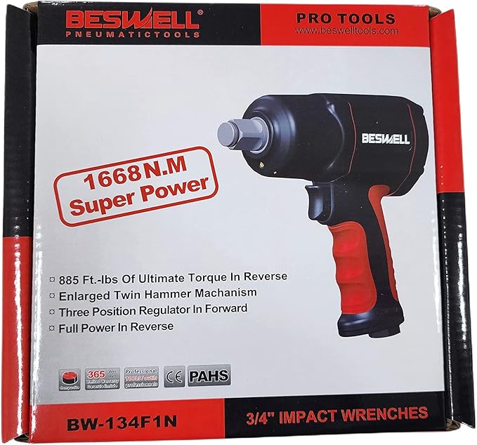 BESWELL® 3/4-Inch Light weight mini size Air Impact Wrench with Up to Real 1230 Foot-Pounds Max Loosen Torque Output