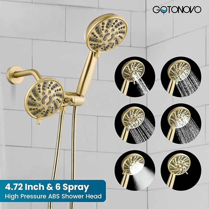 gotonovo Dual 2 in 1 Shower Head Kit High Pressure Combo System Shower Faucet 6 Modes ABS Handheld Spray Shower Trim Kit with Valve Shower Head and Handle Set Brushed Gold