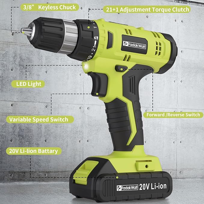 Cordless Drill Set, 20V Electric Power Drill with Battery And Charger, Torque 30N, 21+1 Torque Setting, 3/8-Inch Keyless Chuck, Drill Driver Bits Kit, with LED Electric Drill Set. (green)