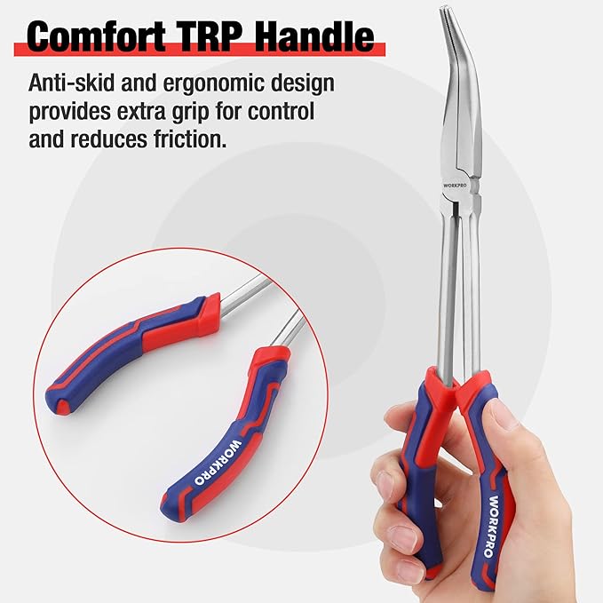 WORKPRO 3PC Long Reach Pliers Set, 11 Inch Extra Long Needle Nose Plier Set Includes Straight, 90° & 45° Bent Nose Plier, Pliers Tool Set for Narrow Spaces