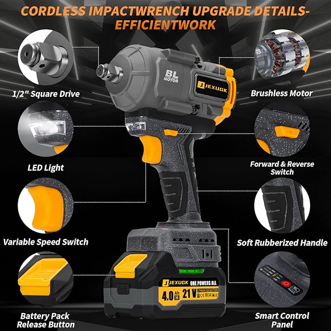 1500Nm Impact Wrench, 1/2" 1107ft-lbs Cordless Impact Gun with 2 x 4.0Ah Battery, 21V High Torque Power Impact Driver with 6 Sockets,Pistola Llave De Impacto for Truck RV Car Heavy Construction