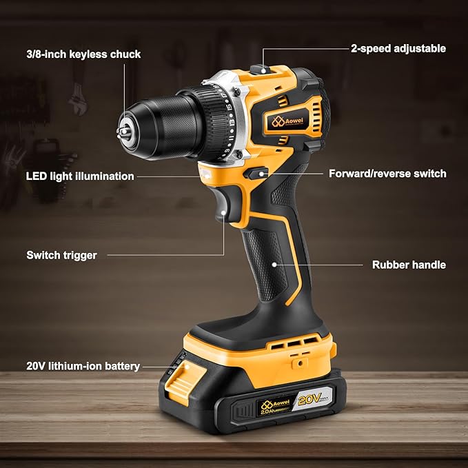 20V Brushless Cordless Lithium-Ion Drill Set, Compact Design, Yellow Rechargeable Lithium-Ion Drill Kit, including 2.0Ah Battery, Charger and 3/8-inch Keyless Chuck