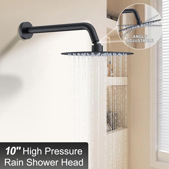 KOJOX 10 Inch Matte Black Shower System with High Pressure Rain Shower Head, Handheld Shower Head, Bathroom Mixer Shower Set Wall Mounted Shower Faucet Rough-in Valve and Trim Kit