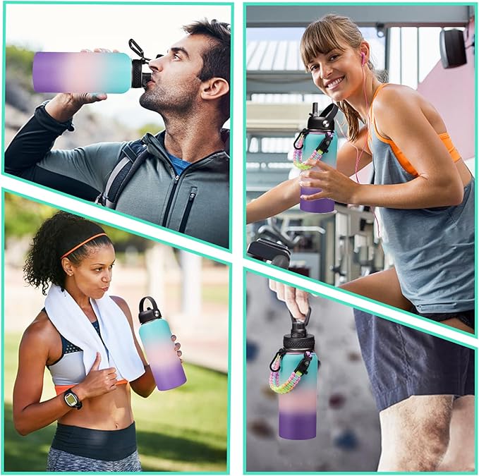 Insulated Stainless Steel Water Bottle - 32oz 40oz 64oz Water Bottles with Straw & Spout Lids, Paracord Handle and Carrier Pouch, Workout Water Flask Bottle for Women Men Sport Outdoor Activities