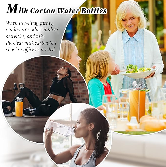 Remerry 9 Pcs 34oz Clear Milk Carton Water Bottle Plastic Clear Milk Carton Cup Square Plastic Cute Milk Carton Container Portable Reusable Milk Bottles Leakproof Juice Bottle for Sports Camping