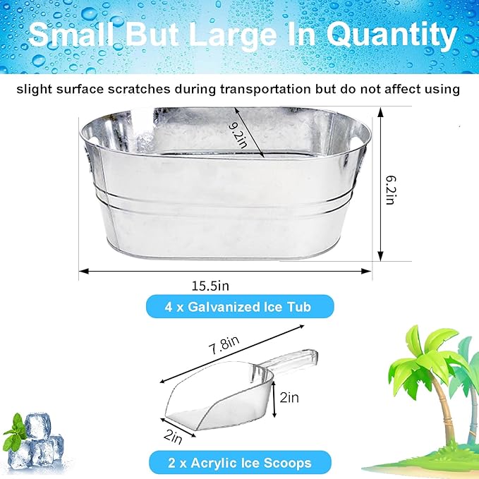 4Pcs Ice Buckets for Parties, 4 Gallon Small Metal Bucket Galvanized Ice Tub Stainless Steel Beverage Drink Buckets Bulk with 2Pcs Ice Scoops, Each for 5-6 Bottles of Beer Wine Champagne