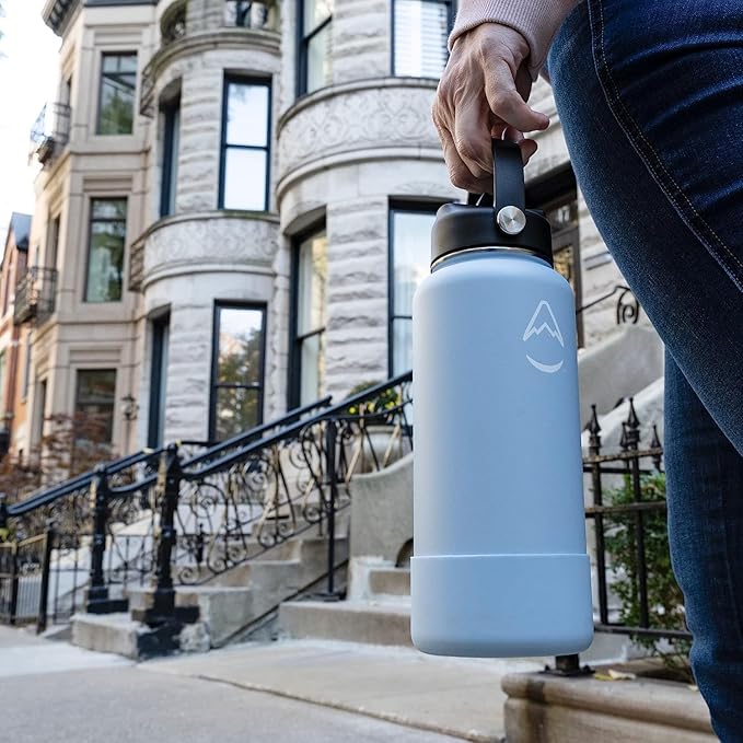 Revelist Sports Water Bottle - 32 Oz, 3 Lids (Straw Lid, Spout & Screw Top) with Boot, Vacuum Insulated Stainless Steel, Double Walled, Reusable Water Flask, Metal Canteen - Green & Black