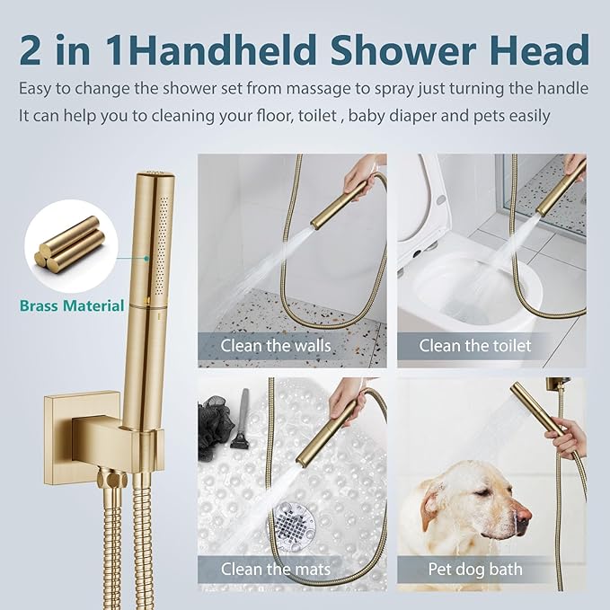 Aolemi Shower System with Rainfall Shower Head and Handheld Wall Mount,High Pressure Shower Faucet Set Fixture Combo with 2 in 1 Handheld Spray Rough-in Valve,10 Inch Shower Head Brushed Gold
