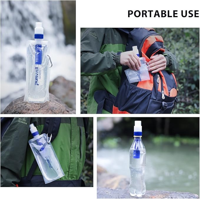 Collapsible Water Filter Canteens for Hiking, Water Bag/Bottle with Filter, Squeeze Water through a Filter, Lightweight, BPA Free, Leak Proof, Emergency Preparedness