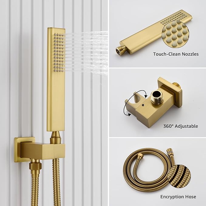 Iriber Thermostatic Shower System Wall Mount with 12 Inch Rainfall Shower Head and Handheld Bathroom Champagne Bronze Shower Set Contain Shower Faucet Mixer Trim Kit (Valve Included),Brushed Gold