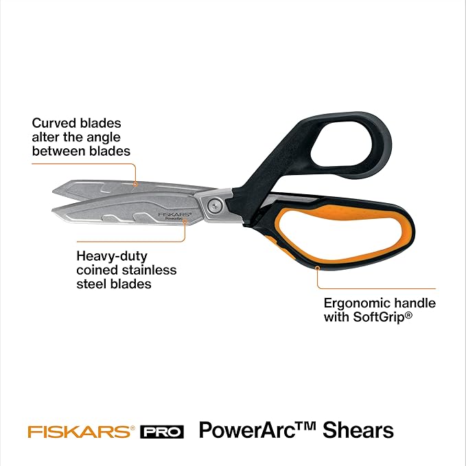 Fiskars PowerArc 8" Shop Shears, Heavy Duty Serrated Stainless Steel Scissors with Comfort Grip, Hardware Tool for Construction, Cut Materials like Insulation, Duct Tape, Cardboard, Rope and Tyvek