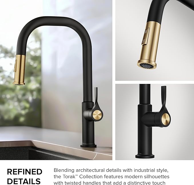 KRAUS Torak Pull Down Kitchen Faucet in Spot-Free Brushed Brass/Matte Black with 2 Function Sprayer, Pre-Attached Water Lines, and Mounting Hardware, KPF-2841SFBBMB