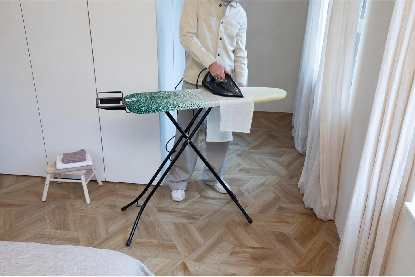 Brabantia Size A Compact Small Ironing Board (43x12 in) 7 Height Options, Adjustable Steam Iron Rest Holder (New Dawn) Non-Slip Feet, Anti-Collapse Child Locks