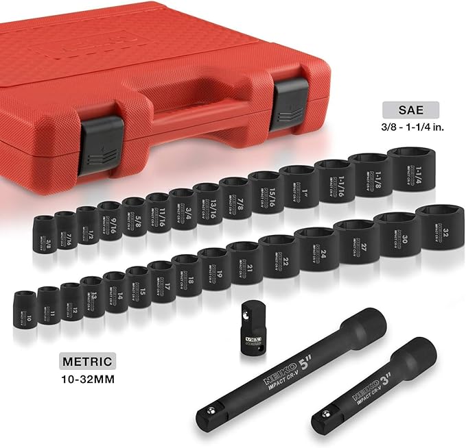 Neiko 02447A 1/2" Drive Master Impact Socket Set, 32 Piece Shallow Socket Assortment | Standard SAE (3/8-Inch to 1-1/4-Inch) and Metric (10-32 mm) Sizes | Cr-V Steel