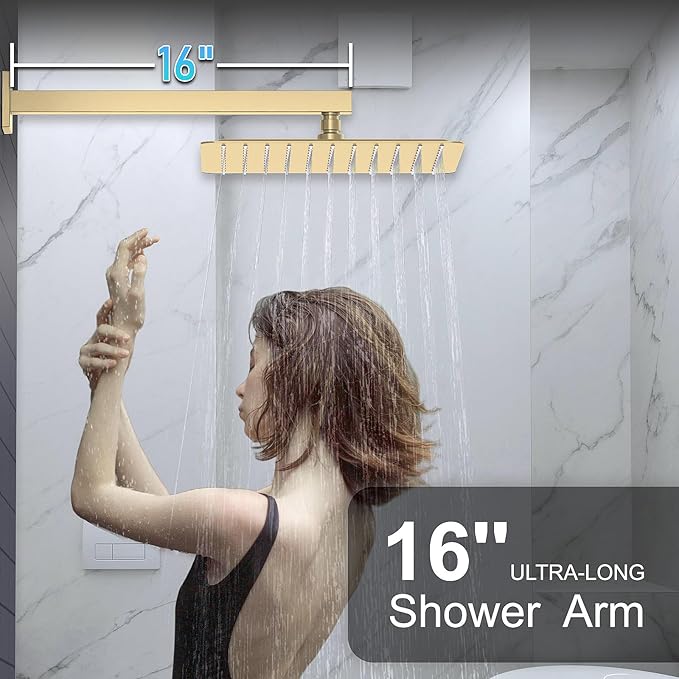KOJOX Shower System Bathroom Luxury 10 Inch Rain Shower Head with Handheld Mixer Shower Combo Set Wall Mounted Shower Faucet Trim with Valve Brush Gold