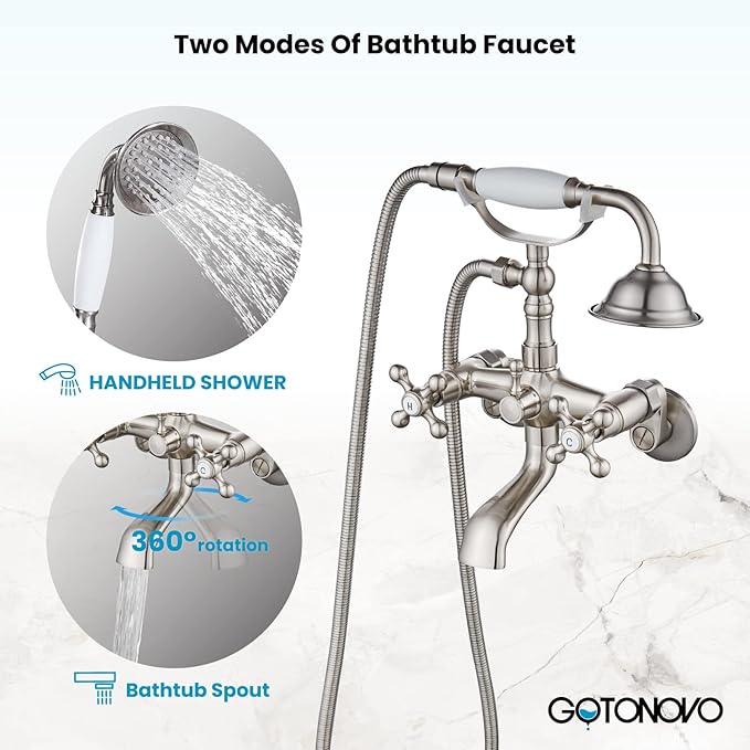 gotonovo Clawfoot Bathtub Faucet Tub Filler with Hand Held Shower Faucet Set Victorian Double Cross Handle 6 Inch Center Adjustable Swing Arms Tub Mount Short Adapter Brushed Nickel