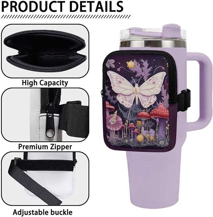 Butterfly Mushroom Gym Cup Pouch with Strap Water Bottle Storage Bag 20oz 40oz IceFlow Tumbler Pouch for Stanley Accessories